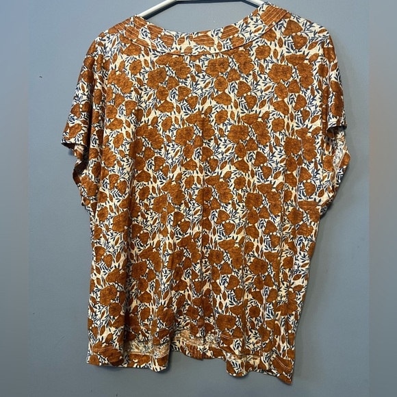 Rachel Zoe Linen Top Mustard floral Print Cap Sleeve Relax Fit Babydoll Prairie - Picture 2 of 7